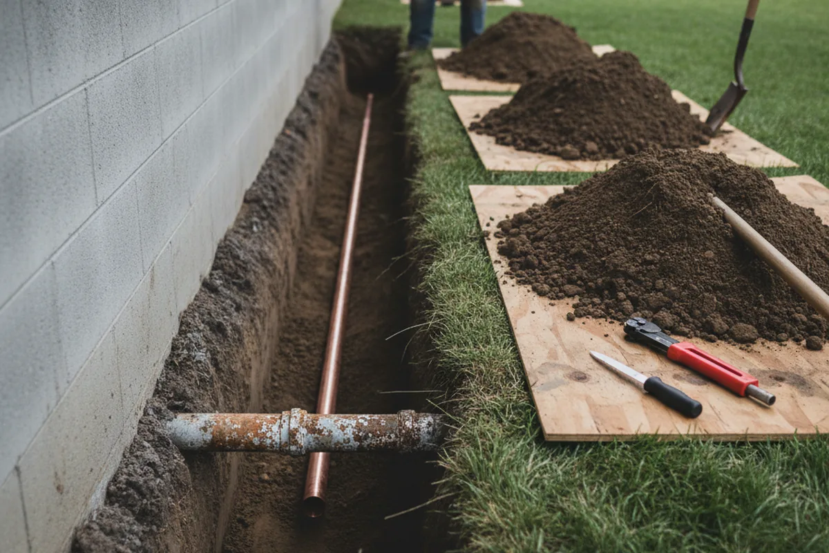 Excavated water line trench during Sewer Line Repair in Southside